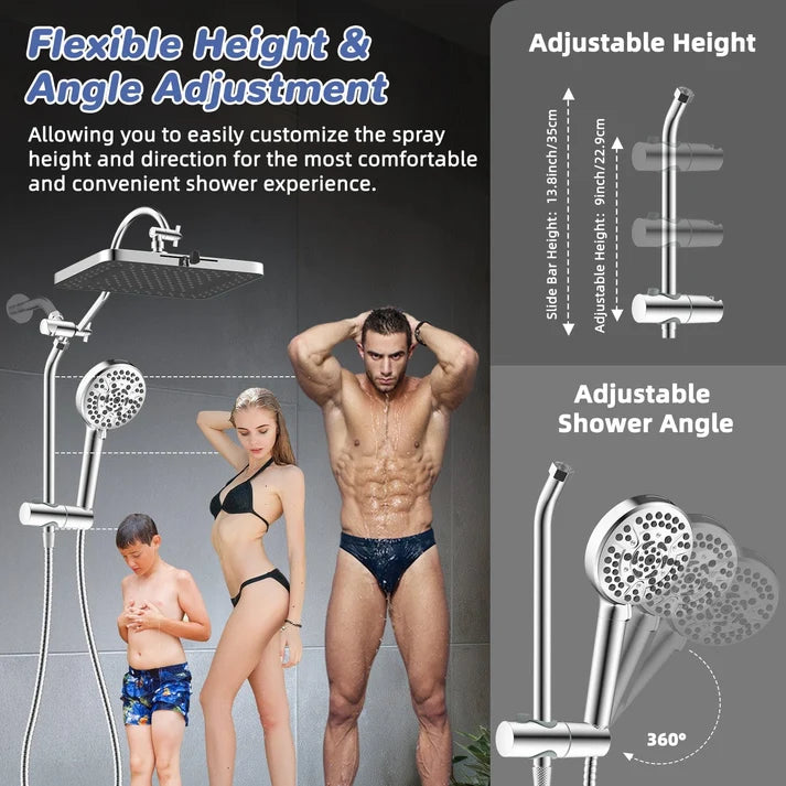 Aqua Lume Upgraded 13'' Shower Head Combo, High Pressure 5 Spray Rainfall Showerhead with 10 Spray Modes Handheld, All Metal 3-way Diverter Shower Arm, 71'' Hose and Holder