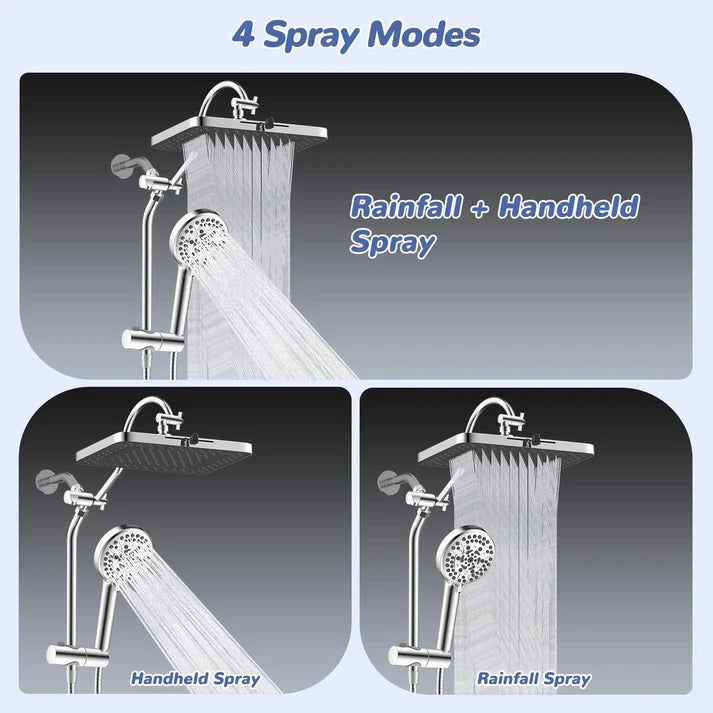 Aqua Lume Upgraded 13'' Shower Head Combo, High Pressure 5 Spray Rainfall Showerhead with 10 Spray Modes Handheld, All Metal 3-way Diverter Shower Arm, 71'' Hose and Holder