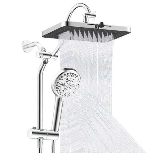 Aqua Lume Upgraded 13'' Shower Head Combo, High Pressure 5 Spray Rainfall Showerhead with 10 Spray Modes Handheld, All Metal 3-way Diverter Shower Arm, 71'' Hose and Holder