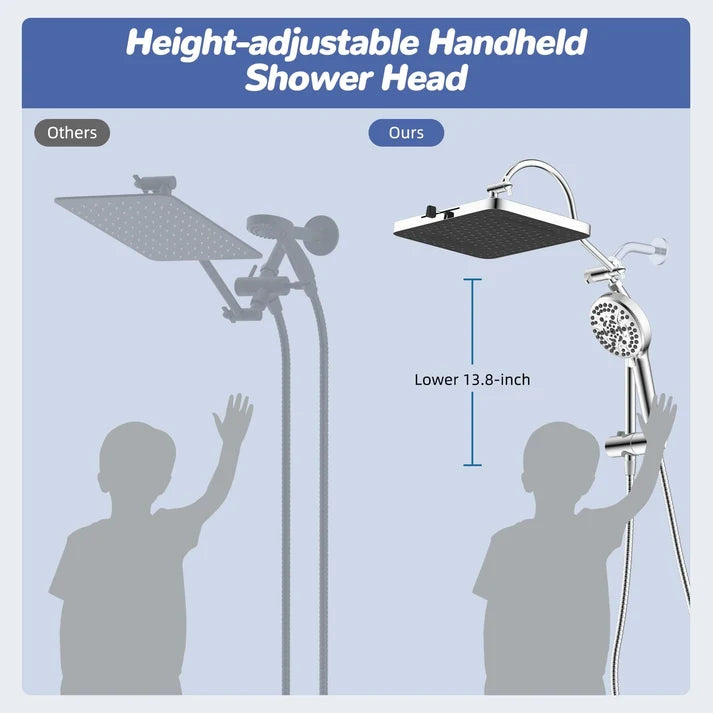 Aqua Lume Upgraded 13'' Shower Head Combo, High Pressure 5 Spray Rainfall Showerhead with 10 Spray Modes Handheld, All Metal 3-way Diverter Shower Arm, 71'' Hose and Holder